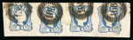 Stamp of Portugal 1856-58 Pedro V (curly hair) 25r blue, fine network, horizontal strip of four, good to very large margins, used