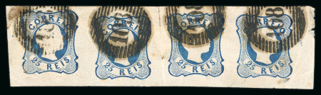 Stamp of Portugal 1856-58 Pedro V (curly hair) 25r blue, fine network, horizontal strip of four, good to very large margins, used