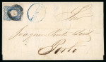 Stamp of Portugal 1856-58 Pedro V (curly hair) 25r blue, fine network, with double impression, on cover from Chaves to Porto
