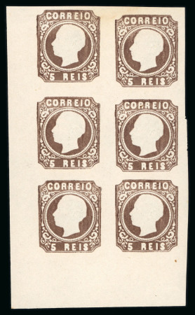 Stamp of Portugal 1862-64 Luis I 5r type III mint n.h. lower left corner vertical block of six