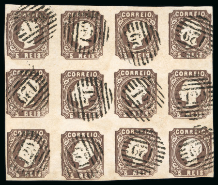 Stamp of Portugal 1862-64 Luis I 5r type III in used block of twelve, clear margins all around, cancelled by "129" circular numerals of Pinhel