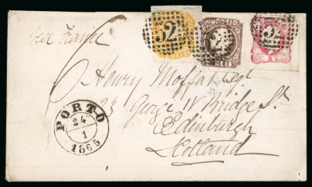 Stamp of Portugal 1862-64 Luis I 5r type VII, 10r and 25r type V on 1865 envelope to Scotland