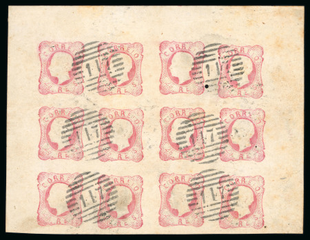 Stamp of Portugal 1862-64 Luis I 25r type III used block of 12 from the top half of the sheet, cancelled by neat "147" circular numerals of Figueiro dos Vinhos