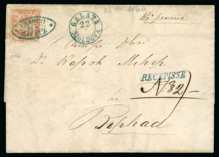 Stamp of Romania » 1858 (1st Nov.) - 1861 Moldavia - Handstruck at Jassy - Imperforate 80 Parale red on white paper neatly tied by FRANCO / No.2 / GALATZ fancy oval to registered cover