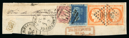 Stamp of British Levant  1875 (Dec 3) large piece with GB 1858-69 2d blue pl.14 and 1870-79 1/2d in combination with France 40c pair