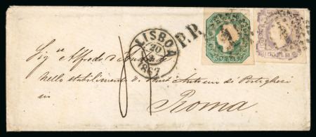 Stamp of Portugal 1862-64 Luis I 50r blue-green and 100r on 1867 envelope to Italy