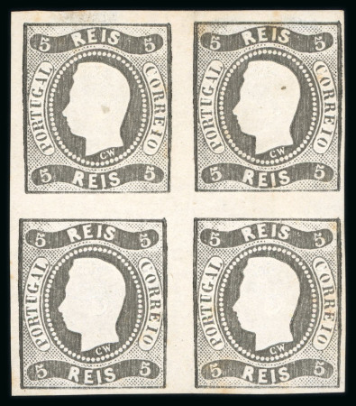 Stamp of Portugal 1866-67 Luis I imperf. curved label 5r group incl. type I mint block of four and used double impression