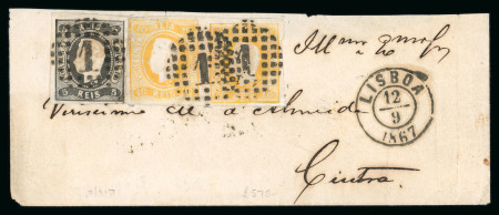 Stamp of Portugal 1866-67 Luis I imperf. curved label 5r and 10r pair on envelope from Lisbon to Cintra