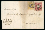 Stamp of Portugal 1866-67 Luis I imperf. curved label 10r and 25r (both four-margined) paying the 35r rate on 1867 entire from Lisbon to Spain