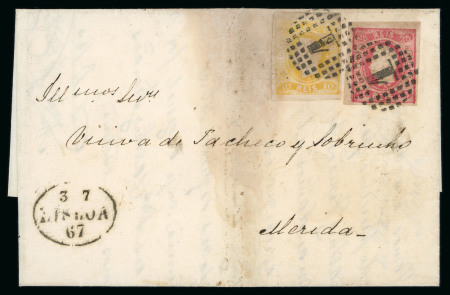Stamp of Portugal 1866-67 Luis I imperf. curved label 10r and 25r (both four-margined) paying the 35r rate on 1867 entire from Lisbon to Spain
