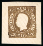 Stamp of Portugal 1866-67 Luis I imperf. curved label 120r group of four proofs incl. brown, dark green, blue and carmine rose