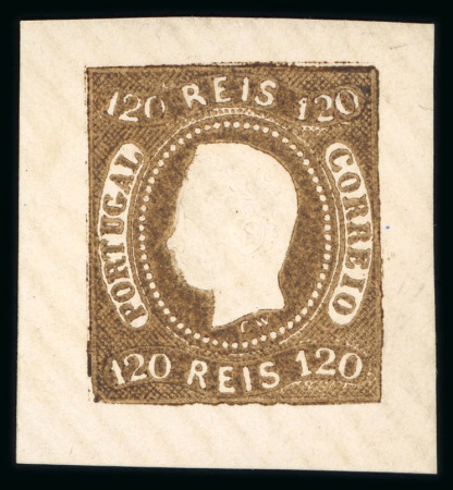 Stamp of Portugal 1866-67 Luis I imperf. curved label 120r group of four proofs incl. brown, dark green, blue and carmine rose