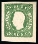 Stamp of Portugal 1866-67 Luis I imperf. curved label 120r group of four proofs incl. brown, dark green, blue and carmine rose