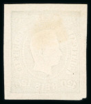 Stamp of Portugal 1866-67 Luis I imperf. curved label 120r group of four proofs incl. brown, dark green, blue and carmine rose