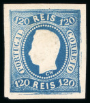 Stamp of Portugal 1866-67 Luis I imperf. curved label 120r group of four proofs incl. brown, dark green, blue and carmine rose