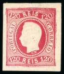 Stamp of Portugal 1866-67 Luis I imperf. curved label 120r group of four proofs incl. brown, dark green, blue and carmine rose