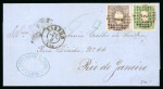 Stamp of Portugal 1866-67 Luis I imperf. curved label 100r, fine to good margins, in combination with 1867-70 50r perf. on cover to Brazil