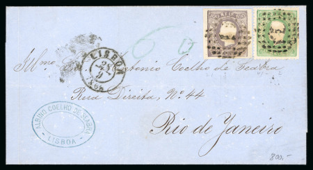 Stamp of Portugal 1866-67 Luis I imperf. curved label 100r, fine to good margins, in combination with 1867-70 50r perf. on cover to Brazil