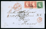 Stamp of St. Vincent 1866 (Apr 24) wrapper to France with two 1861 1d rose red rough to intermediate perf. 14 to 16 and one 1862 6d deep green rough perf.14 to 16