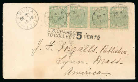 Stamp of Fiji 1890 (Dec 21) envelope from Levuka to the USA with 1878-99 2d yellow green perf. 11 strip of four and US postage due