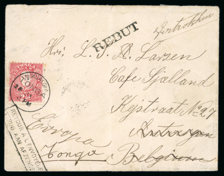 Stamp of Tonga 1897 (Jan 28) Envelope to Belgium with 1895 (Jul-Sep) 2 1/2d tied by Nukualofa cds, undeliverable