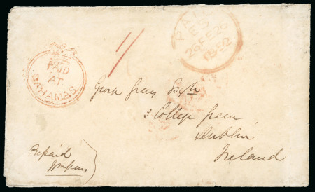 Stamp of Bahamas 1852 (Jan 12) envelope to Ireland with "PAID / AT / BAHAMAS" crown circle ds in red