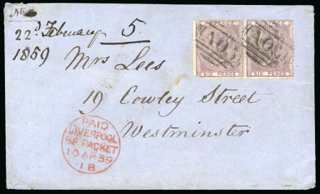 Stamp of Bahamas 1859 (Mar 19) envelope to England with GB 1856 6d lilac pair cancelled by "A05" numerals