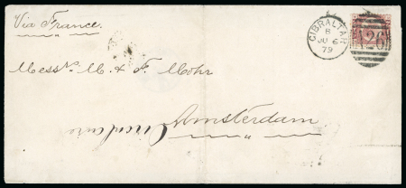 Stamp of Gibraltar 1879 (Jun 6) printed matter wrapper to the Netherlands with 1870 1/2d pl.14 tied by "A26" duplex