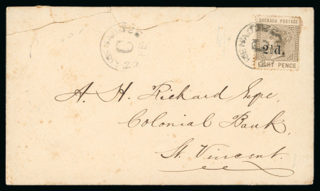 Stamp of Grenada 1892 (Feb 25) envelope to St. Vincent with 1888-91 2 1/2d on 8d tied by "C" cds of Sauters in St. Patrick's