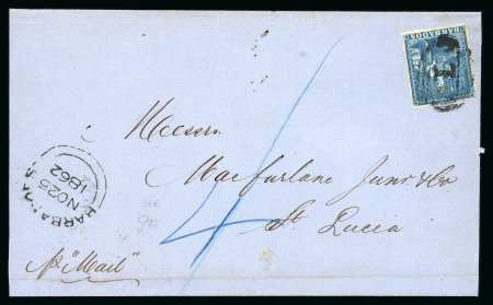 Stamp of Barbados 1862 (Nov 25) wrapper to St. Lucia 1861-70 (1d) blue rough perf.14 to 16 tied by "1" numeral