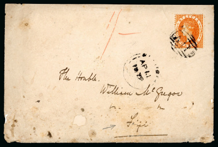 Stamp of St. Lucia 1879 (Apr 11) envelope to Fiji with 1864-76 (1s) deep orange tied by "A11" barred oval