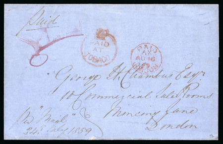 Stamp of Trinidad and Tobago » Tobago 1859 (Jul 24) wrapper to England with fine strike of the "PAID / AT / TOBAGO" crown circle hs (type CC1)