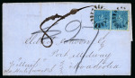 Stamp of Barbados 1867 (Feb 9) entire to Nova Scotia with 1861-70 (1d) blue pair tied by oval cog-wheel cancels