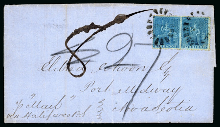 Stamp of Barbados 1867 (Feb 9) entire to Nova Scotia with 1861-70 (1d) blue pair tied by oval cog-wheel cancels