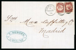 Stamp of Gibraltar 1878 (Nov 28) wrapper to Spain with two 1870 1/2d pl.14 tied by "A26" duplex,