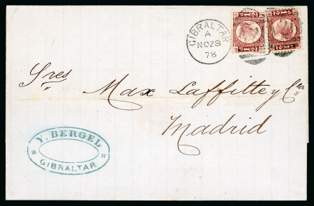 Stamp of Gibraltar 1878 (Nov 28) wrapper to Spain with two 1870 1/2d pl.14 tied by "A26" duplex,