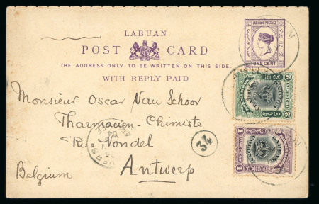 Stamp of Labuan 1904 (20 May) 1c postal stationery reply card portion sent to Belgium, uprated with 1902-03 1c and 2c