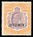 Stamp of Malaysia » Straits Settlements 1906-12 $500 purple and orange overprinted "SPECIMEN", mint