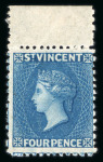 Stamp of St. Vincent 1862-68 no wmk 4d blue perf.11 to 12 1/2, two mint examples