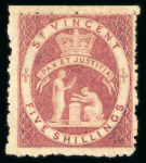 Stamp of St. Vincent 1880 wmk small star 5s rose-red mint with dried o.g.