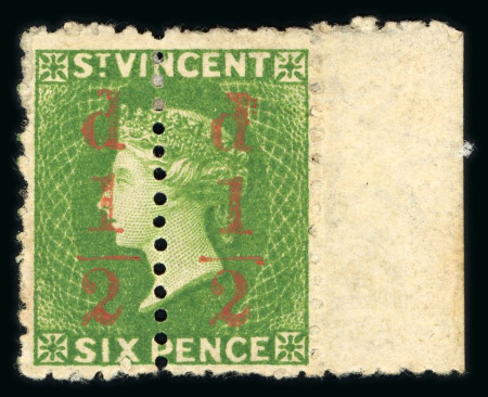 Stamp of St. Vincent 1881 1/2d on 6d in unsevered right marginal pair, mint h.r.