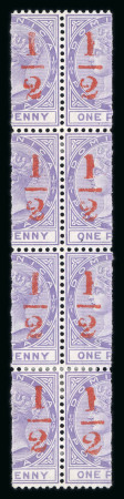 Stamp of Dominica 1882-83 1/2(d) in red on 1d in mint vertical block of eight and 1882-83 1/2(d) in black on 1d pair