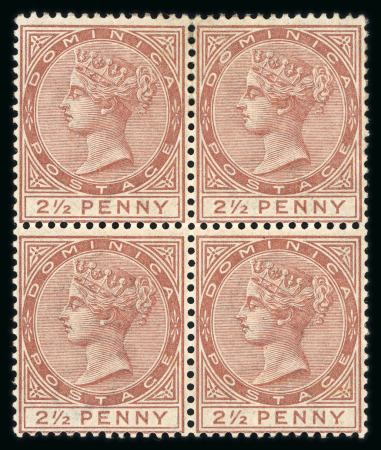 Stamp of Dominica 1883-86 wmk CA 2 1/2d red-brown in mint block of four