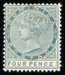 Stamp of Dominica 1886-90 4d grey with malformed "CE" in "PENCE" variety and 1903-07 View of Roseau 1/2d to 5s SPECIMEN set