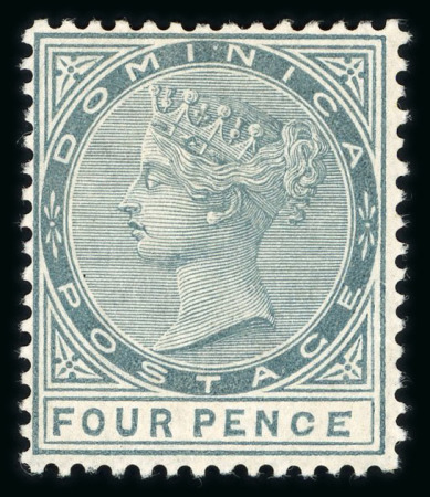 Stamp of Dominica 1886-90 4d grey with malformed "CE" in "PENCE" variety and 1903-07 View of Roseau 1/2d to 5s SPECIMEN set