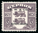Stamp of Cyprus 1928 50th Anniversary of British Rule 6pi on unwatermarked paper with "B. W. & Co. / SPECIMEN." overprint