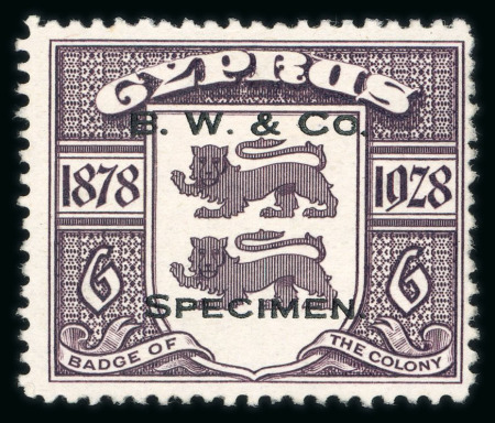 Stamp of Cyprus 1928 50th Anniversary of British Rule 6pi on unwatermarked paper with "B. W. & Co. / SPECIMEN." overprint