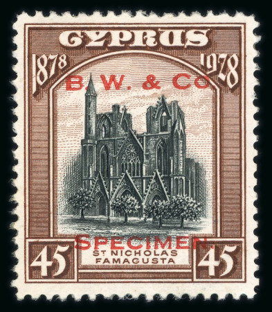 Stamp of Cyprus 1928 50th Anniversary of British Rule 45pi Bradbury Wilkinson printer's sample in slate & brown