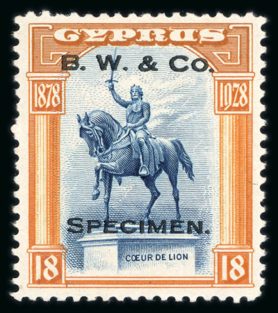 Stamp of Cyprus 1928 50th Anniversary of British Rule 18pi Bradbury Wilkinson printer's sample in indigo & orange