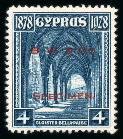 Stamp of Cyprus 1928 50th Anniversary of British Rule 4pi Bradbury Wilkinson printer's sample in blue